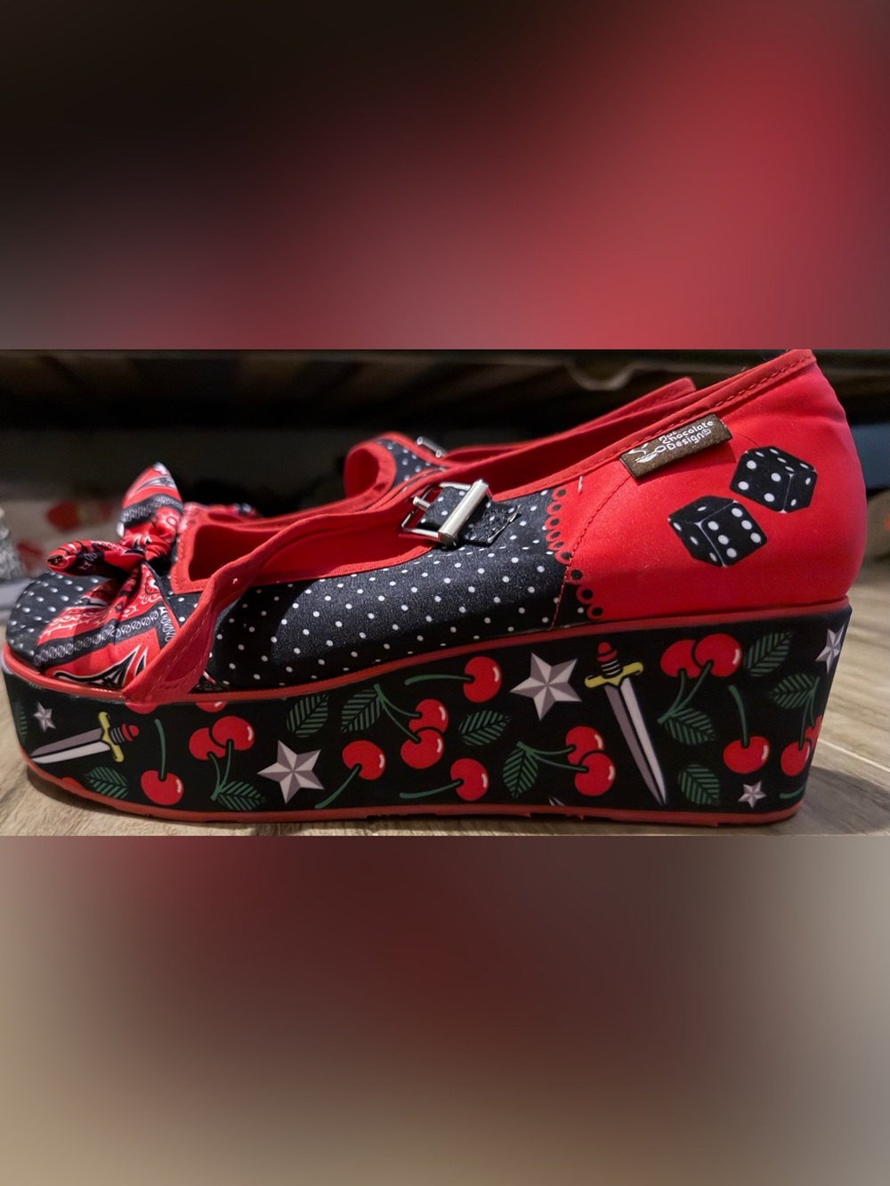 Cherry-Print Platform Maryjanes in Red & Black